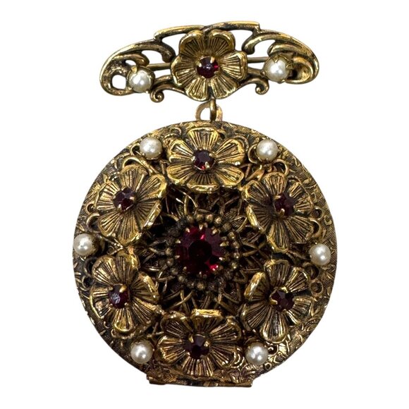 Antique Original By Robert Brooch Locket Ruby Red Rhinestone Floral Faux Pearls - Picture 1 of 8